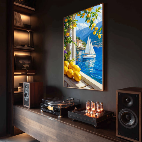 Limon Ağaçları ve Mavi Deniz Manzarası Sanat Baskısı, Akdeniz Sahilinde Yelkenli Tekne ile Yaz Esintili Duvar Dekoru