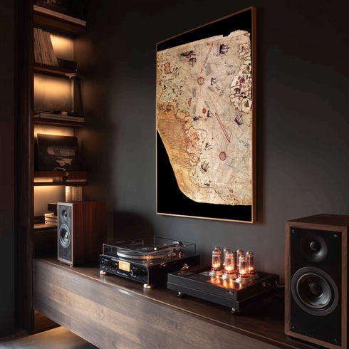 Piri Reis Tarihi Deniz Haritası ve Keşif Roteleri, Antik Kartografya Detaylarıyla Oryantal ve Nostaljik Dünya Haritası Sanat Eseri