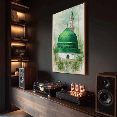 Yeşil Kubbe Mescid-i Nebevi Kanvas Tablo – Medine Ravza-i Mutahhara İslami Duvar Dekoru, Dini Huzur Temalı Salon Tabl