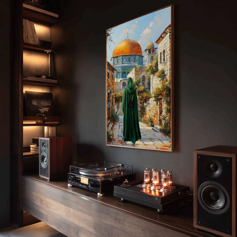 Kubbetüs Sahra ve Mescid-i Aksa Manzaralı Kanvas Tablo – Kudüs Temalı İslami Duvar Dekoru, Dini ve Manevi Atmosferli Salon Tablosu