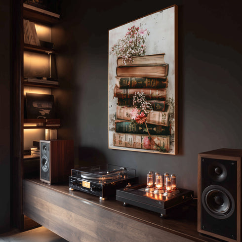 Vintage Kitap Yığını ve Zarif Çiçekler, Nostaljik ve Romantik Atmosferli Estetik Natürmort Sanat Tablosu