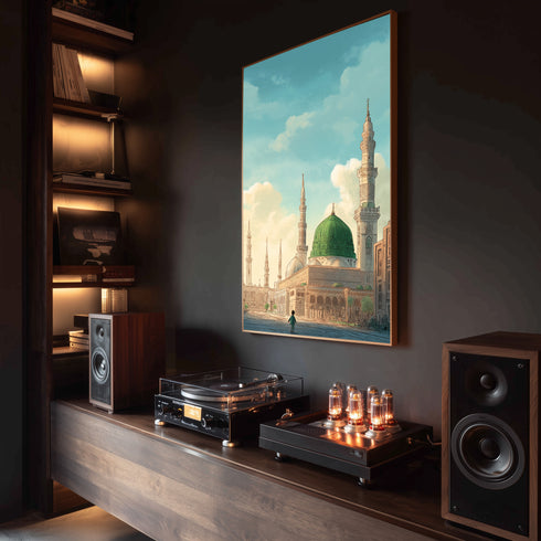 Mescid-i Nebevi ve Yeşil Kubbe Manzaralı Kanvas Tablo – Medine İslami Duvar Dekoru, Dini Mimari Temalı Salon ve Ofis Tablosu