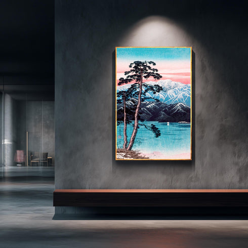 Japanese Woodblock Canvas Art, Mount Fuji Print, Pine Tree Lake Landscape, Pink Sunset Sky, Shin Hanga Style, Asian Wall Decor