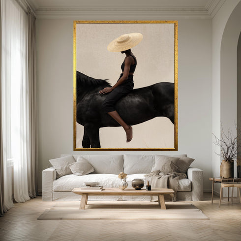 Minimalist Fashion Photography Wall Art, Woman on Black Horse Print, Modern Neutral Decor, Contemporary Fine Art Poster for Home