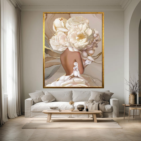 Floral Woman Abstract Portrait Canvas Art Modern Minimalist White Flower Print Elegant Feminine Wall Decor Contemporary Design