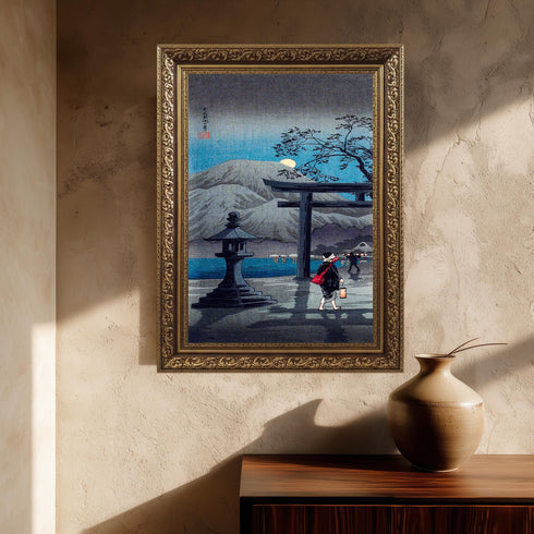 Japanese Torii Gate Canvas Art, Full Moon Night Landscape, Stone Lantern Print, Blue Woodblock Style, Zen Garden Decor, Shin Hanga