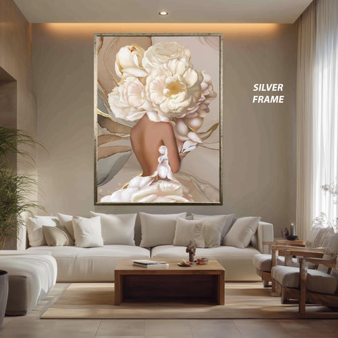 Floral Woman Abstract Portrait Canvas Art Modern Minimalist White Flower Print Elegant Feminine Wall Decor Contemporary Design