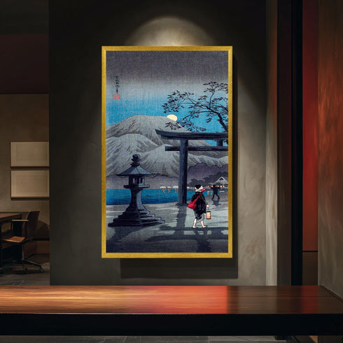 Japanese Torii Gate Canvas Art, Full Moon Night Landscape, Stone Lantern Print, Blue Woodblock Style, Zen Garden Decor, Shin Hanga