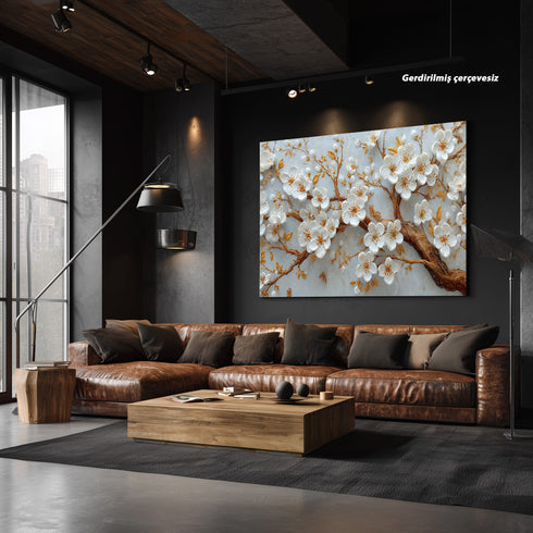 Altın Dallı Beyaz Çiçekli Ağaç Dalı Tablosu Kabartmalı Lüks Modern Kanvas Duvar Dekoru Salon Yatak Odası İçin Şık Tasarım