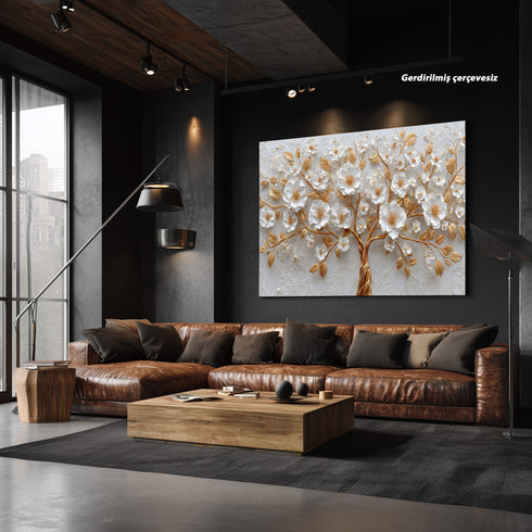 Altın Dallı Beyaz Çiçekli Ağaç Tablosu Lüks Kabartmalı Modern Kanvas Duvar Dekoru, Salon Yatak Odası İçin Büyük Boy Tablo