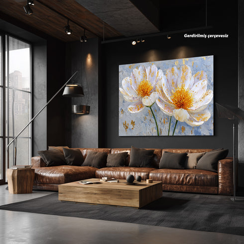 Altın Varaklı Beyaz Çiçekler Tablosu Modern Soyut Kanvas Duvar Dekoru Salon Yatak Odası İçin Büyük Boy Lüks Çiçek Tablo