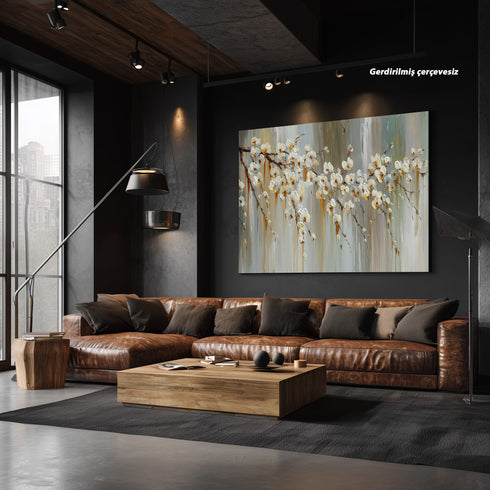 Beyaz Çiçekli Dal Tablosu Modern Soyut Floral Kanvas Duvar Dekoru Salon Yatak Odası Ofis İçin Büyük Boy Zarif Tasarım