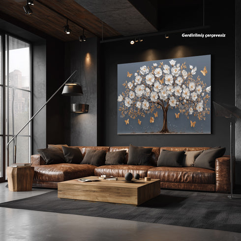 Beyaz Çiçekli Ağaç Tablosu Altın Yapraklı Kelebekli Kanvas Duvar Dekoru, Modern Dokulu Salon Yatak Odası Tablo