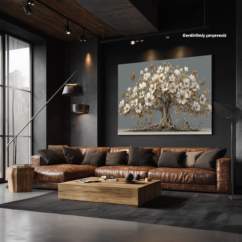 Altın Yapraklı Beyaz Çiçekli Ağaç Tablosu Kelebekli Lüks Kanvas Duvar Dekoru, Modern Dokulu Salon Yatak Odası Tablo