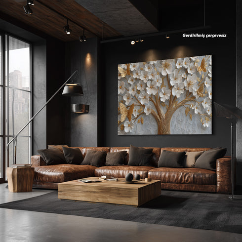 Altın Kelebekli Beyaz Çiçekli Ağaç Tablosu Kabartmalı Lüks Modern Kanvas Duvar Dekoru, Salon Yatak Odası İçin Şık Tablo