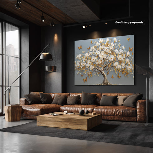 Altın Kelebekli Beyaz Manolya Ağacı Tablosu Lüks Modern Kanvas Duvar Dekoru Salon Yatak Odası ve Oturma Odası İçin Şık Tasarım