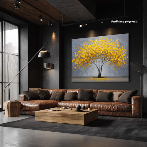 Sarı Yapraklı Minimalist Hayat Ağacı Tablosu Modern Soyut Kanvas Duvar Dekoru Salon Ofis Yatak Odası İçin Büyük Boy Şık Tasarım
