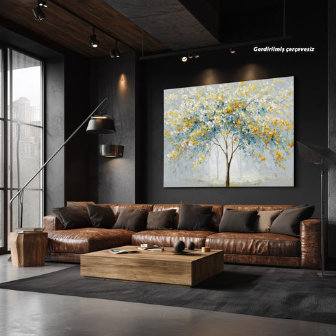 Modern Soyut Ağaç Tablosu Mavi Sarı Yapraklı Kanvas Duvar Dekoru, Salon Yatak Odası Büyük Boy Sanatsal Tablo