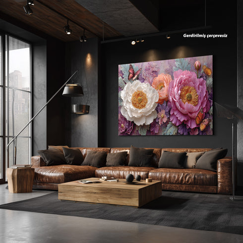 Pembe ve Beyaz Şakayık Çiçekli Kelebekli Tablo Romantik Vintage Kanvas Duvar Dekoru Salon Yatak Odası İçin Zarif Tasarım