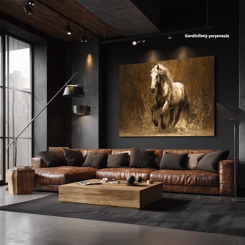 Koşan Beyaz At Tablosu Altın Tonlu Arka Planlı Modern Kanvas Duvar Dekoru, Salon Ofis İçin Büyük Boy At Figürlü Tablo