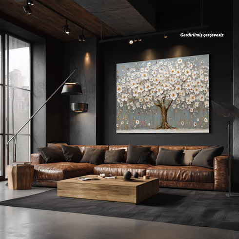 Beyaz Çiçekli Ağaç Kanvas Tablo Altın Detaylı Kelebekli Duvar Dekoru, Modern Dokulu Salon Yatak Odası Büyük Boy Tablo