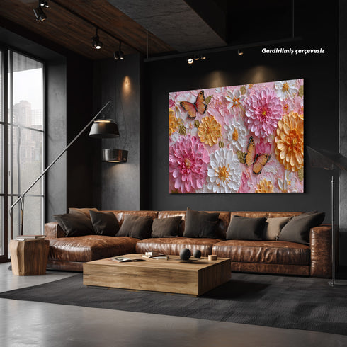 Pembe Zeminli Renkli Çiçekler ve Turuncu Kelebekler Tablosu Romantik Modern Kanvas Duvar Dekoru Salon Yatak Odası İçin Şık Tasarım