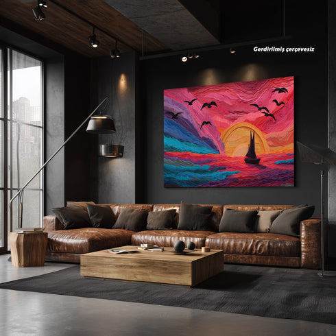 Kızıl Gün Batımı ve Yelkenli Tablosu Soyut Deniz Manzarası Modern Kanvas Duvar Dekoru Salon Ofis Yatak Odası İçin Büyük Boy Sanatsal Tasarım