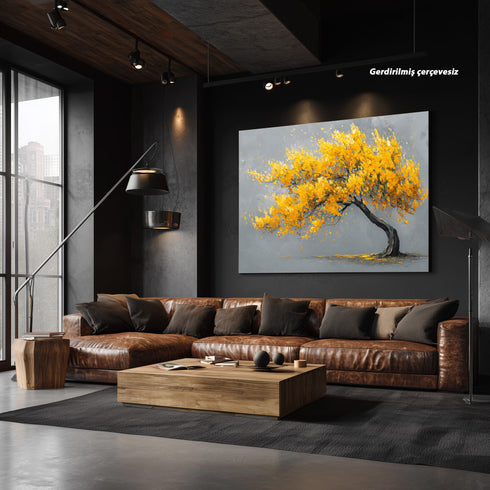 Sarı Yapraklı Rüzgarlı Ağaç Tablosu Modern Minimalist Kanvas Duvar Dekoru Salon Ofis Yatak Odası İçin Büyük Boy Soyut Tasarım