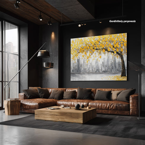 Sarı Çiçekli Ağaç ve Gri Şehir Silüeti Tablosu Modern Soyut Kanvas Duvar Dekoru Salon Ofis İçin Büyük Boy Şık Tasarım