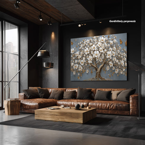 Altın Detaylı Beyaz Çiçekli Ağaç Tablosu Kelebekli Modern Kanvas Duvar Dekoru, Dokulu Salon Yatak Odası Büyük Boy Tablo