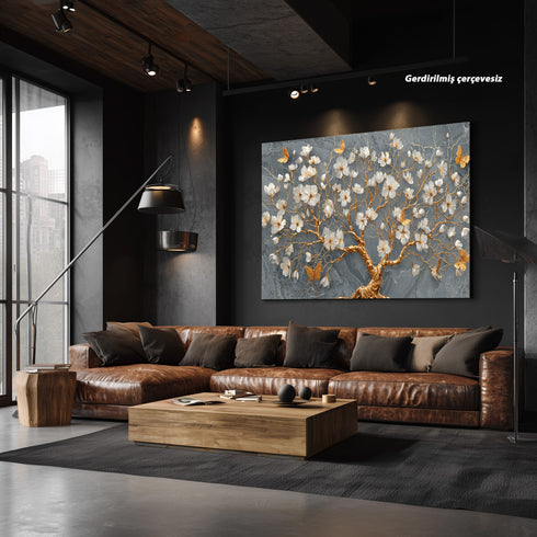 Gri Mermer Zeminli Altın Dallı Beyaz Çiçekli Ağaç Tablosu Kelebekli Lüks Modern Kanvas Duvar Dekoru Salon İçin Şık Tasarım