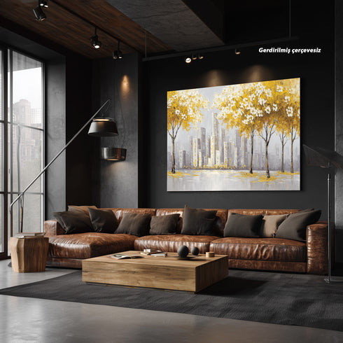 Sarı Yapraklı Ağaç ve Şehir Manzarası Tablosu Modern Soyut Kanvas Duvar Dekoru, Salon Ofis İçin Büyük Boy Tablo