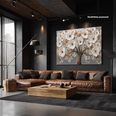 Altın Kelebekli Beyaz Çiçekli Ağaç Tablosu Kabartmalı Lüks Modern Kanvas Duvar Dekoru Salon ve Oturma Odası İçin Şık Tasarım