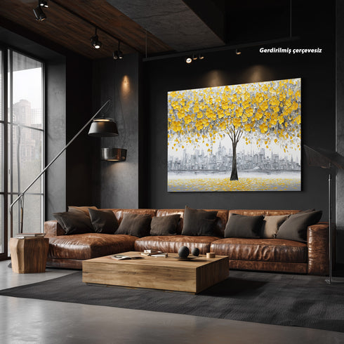 Sarı Çiçekli Ağaç ve Gri Şehir Silüeti Tablosu Modern Soyut Kanvas Duvar Dekoru Salon Ofis İçin Büyük Boy Şık Tasarım