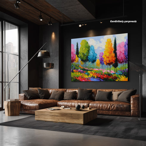Renkli Ağaçlar Manzara Tablosu Soyut Modern Empresyonist Kanvas Duvar Dekoru Salon Yatak Odası Ofis İçin Büyük Boy Canlı Tasarım