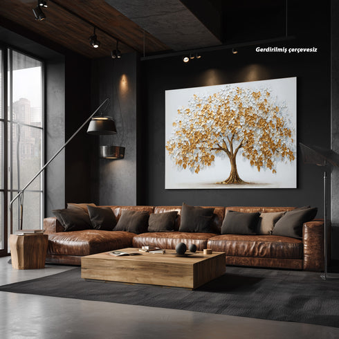 Altın ve Beyaz Çiçekli Hayat Ağacı Tablosu Kabartmalı Lüks Modern Kanvas Duvar Dekoru Salon Yatak Odası İçin Büyük Boy Tasarım