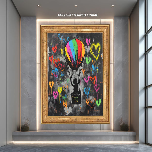 Rainbow Balloon Street Art Canvas, Colorful Hearts and Child Graffiti Print, Modern Urban Pop Art Wall Decor for Kids or Teens
