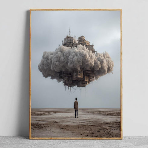 Surreal Cloud City Wall Art – Floating Building in Sky over Desert, Sci-Fi Fantasy Landscape Print for Modern Home Decor