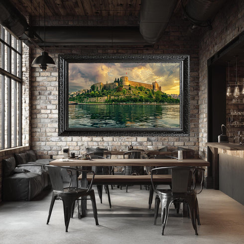 Rumeli Fortress Istanbul Canvas Art, Golden Sunset over Bosphorus Print, Historic Turkish Landmark Wall Decor for Cultural Interiors