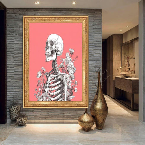 Skeleton and Flowers Wall Art – Gothic Botanical Skull Illustration on Pink Background, Dark Academia Aesthetic Print for Home Decor