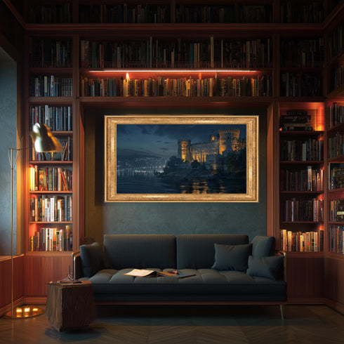 Rumeli Fortress Night Canvas Print, Istanbul Castle Wall Art with Bosphorus Lights, Dark Historic Cityscape Decor for Moody Interiors