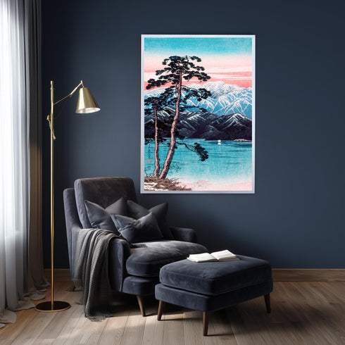 Japanese Woodblock Canvas Art, Mount Fuji Print, Pine Tree Lake Landscape, Pink Sunset Sky, Shin Hanga Style, Asian Wall Decor