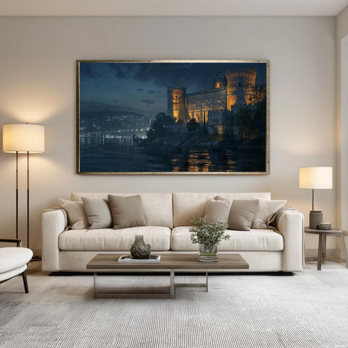 Rumeli Fortress Night Canvas Print, Istanbul Castle Wall Art with Bosphorus Lights, Dark Historic Cityscape Decor for Moody Interiors