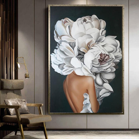 Beyaz Çiçekli Kadın Portre Tablo