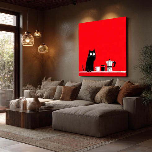 Kahve İçen Kedi Çizgi Tablo