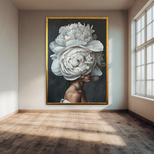 Floral Woman Portrait Wall Art, Surreal White Peony Head Artwork, Modern Botanical Female Print for Elegant Home Decor