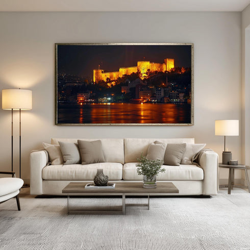 Rumeli Fortress Canvas Wall Art, Istanbul Night Bosphorus Print, Glowing Castle Landscape for Turkish History and Travel Decor