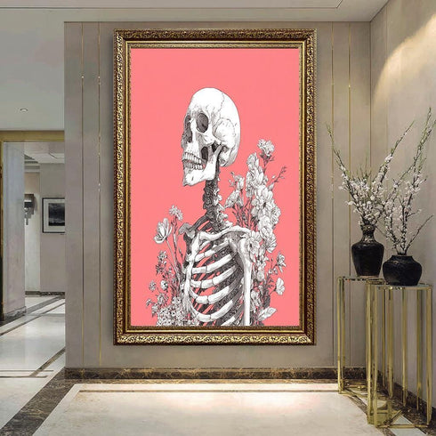 Skeleton and Flowers Wall Art – Gothic Botanical Skull Illustration on Pink Background, Dark Academia Aesthetic Print for Home Decor
