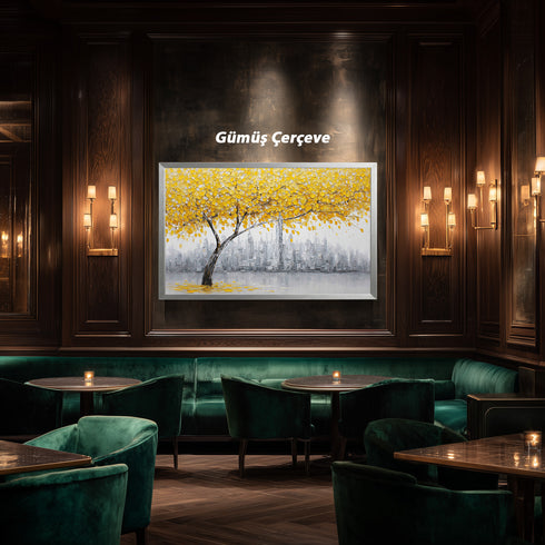 Sarı Yapraklı Ağaç ve Gri Şehir Manzarası Tablosu Modern Soyut Kanvas Duvar Dekoru Salon Ofis İçin Büyük Boy Tas