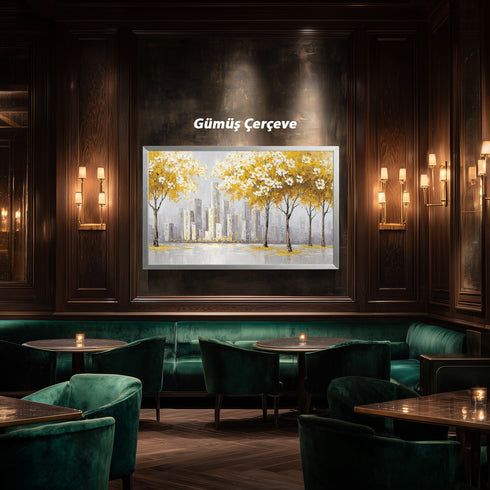 Sarı Yapraklı Ağaç ve Şehir Manzarası Tablosu Modern Soyut Kanvas Duvar Dekoru, Salon Ofis İçin Büyük Boy Tablo